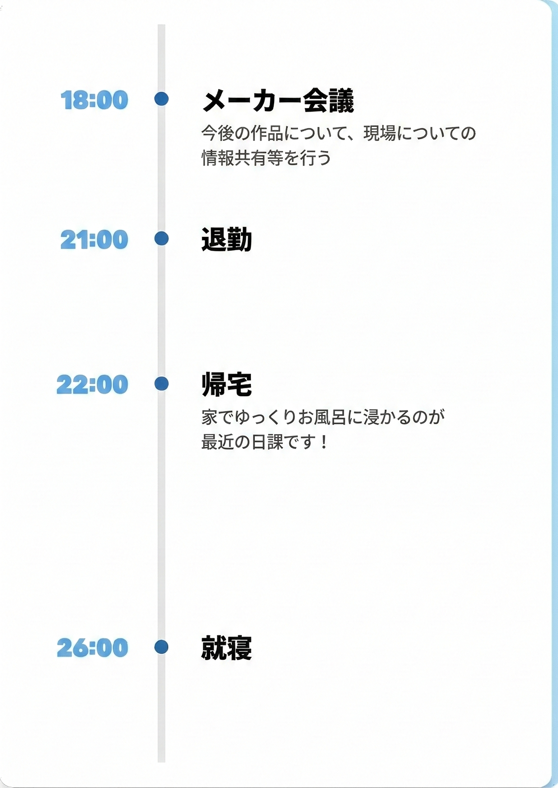 18:00 メーカー会議 / 21:00 退勤